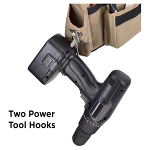 Set of two polished metal power tool hooks on tool belt for electric drills