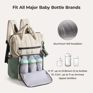 Waterproof diaper backpack in beige and sage green with three insulated bottle pockets