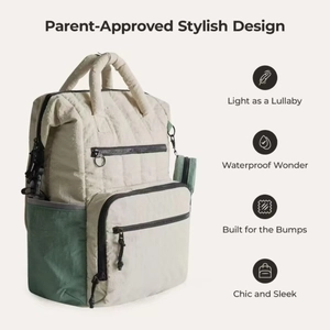 Detail view of quilted waterproof fabric and side pockets on beige diaper backpack