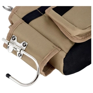 Durable khaki canvas electrician tool pouch with a heavy-duty stainless steel hammer hook