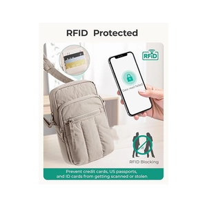 Padded nylon crossbody phone bag with RFID blocking technology and adjustable shoulder strap
