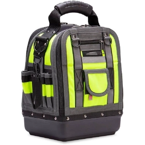 Detailed view of heavy-duty tool bag with reinforced handle and waterproof hard base