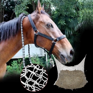 Close-up of durable nylon mesh horse hay bag showing rope weave and net density