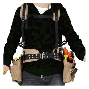 Heavy duty tool belt with H-shaped suspenders and multiple pockets in khaki canvas