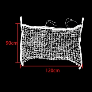 Detailed view of white nylon hay net showing 120cm by 90cm mesh size specifications