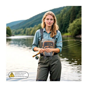 Adjustable grey and orange fishing chest pack worn by an angler in a river scene