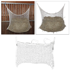 Macro view of white woven mesh hay bag with blue drawstring for horse feeding detail