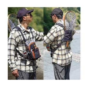 Front and back view of a fishing chest pack with net holster and adjustable straps