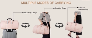 Pink garment bag detail showing suitcase sleeve and adjustable shoulder strap functions