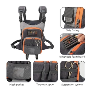 Fly fishing chest pack with adjustable shoulder straps and durable multi-pocket storage