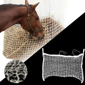 White high-density mesh slow feeder hay bag for horses with durable woven cord design