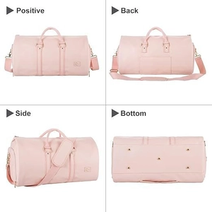 Pink large capacity waterproof travel duffel bag showing front back side and bottom views