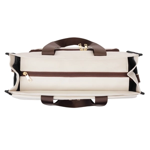 Overhead view showing three compartment interior and zipper of the canvas lunch bag