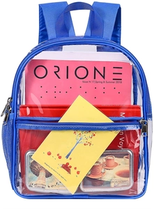 Front view of a blue transparent PVC backpack showing spacious storage capacity