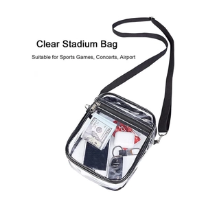 Clear PVC crossbody bag with black trim and adjustable strap for stadium security