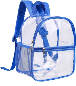 Detail view of transparent PVC backpack showing the blue mesh side pocket and nylon trim