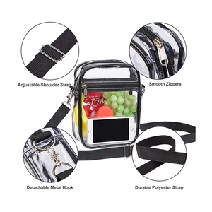Clear PVC crossbody shoulder bag with adjustable strap and front zipper pocket for travel