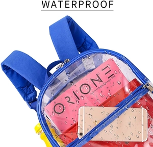 Detail showing waterproof blue transparent PVC backpack with water droplets on surface