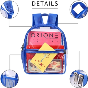 Detail view of blue transparent PVC backpack showing mesh pockets and durable metal zippers