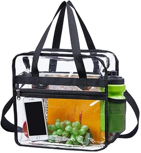 Detailed view of large transparent PVC tote bag with side mesh pocket and black trim