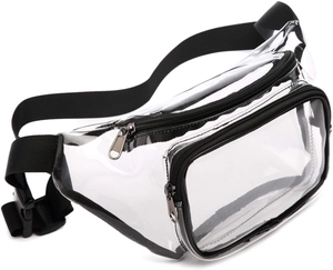Dettaglio del marsupio in PVC trasparente con cerniera nera e cintura regolabile in nylon