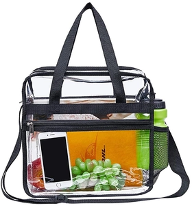 Detail view of transparent PVC travel bag with black nylon straps and green mesh pocket