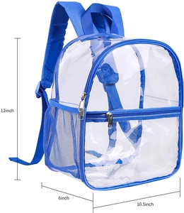 Detailed technical diagram of clear waterproof PVC backpack with blue trim and size specs