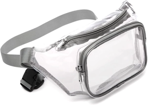 Dettaglio del marsupio trasparente in PVC con cerniere grigie e fibbia della cinghia