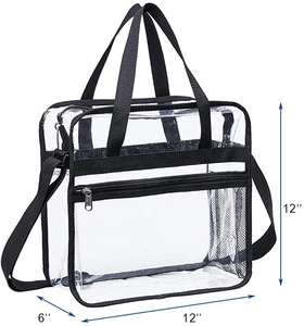 Detail view of large PVC clear tote bag with size dimensions 12x12x6 inches and strap