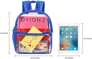 Waterproof clear PVC backpack with blue trim shown next to iPad for size comparison