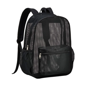 High-capacity black mesh backpack with adjustable straps and multiple zip pockets