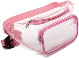Dettaglio del marsupio in PVC trasparente con bordo rosa e cinturino regolabile in vita