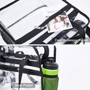 Detail of transparent PVC travel bag showing black zipper pocket and green mesh side pocket
