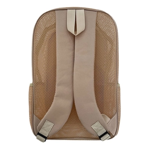 Back view of khaki mesh backpack with ergonomic padded straps and breathable panel