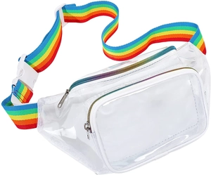 Dettaglio del marsupio in PVC trasparente con cinturino arcobaleno e doppia cerniera