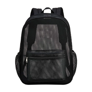 Heavy-duty black mesh backpack with breathable fabric and adjustable straps for travel