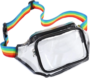 Dettaglio del marsupio in PVC trasparente con tracolla arcobaleno e tasche a zip
