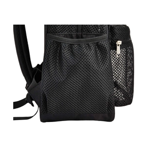 High-capacity black mesh backpack featuring breathable side pockets and sturdy zipper details