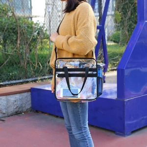 Detailed side view of clear PVC shoulder bag with mesh pocket and black nylon straps