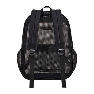 Detail view of black mesh backpack with padded straps and breathable structure