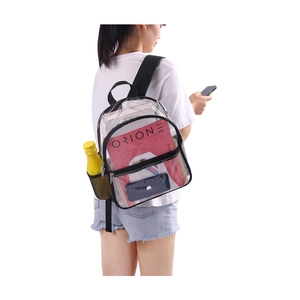 Transparent PVC backpack with black trim and side mesh pocket shown on a female model