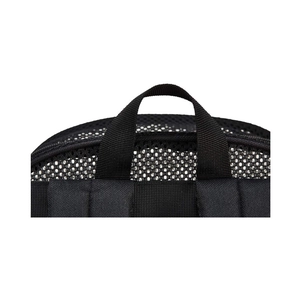 Detail of reinforced black mesh backpack featuring heavy-duty top handle and padded straps