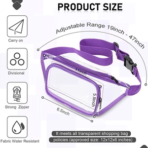 Vista dettagliata del marsupio in PVC viola con dimensioni precise e cinturino regolabile