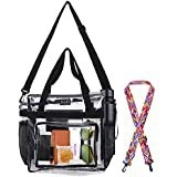Detailed macro view of large transparent PVC tote bag with mesh side pockets and contents