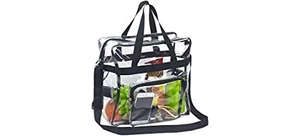 Detailed view of large transparent PVC tote bag filled with fruits and phone for capacity