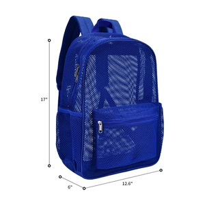 Detailed size chart showing dimensions of the heavy duty blue mesh backpack for beach and school