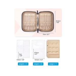 Portable jewelry travel organizer bag with transparent binder pages and black leather cover