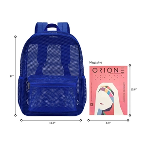 Detailed size view of the blue mesh backpack with 17-inch height and front pocket