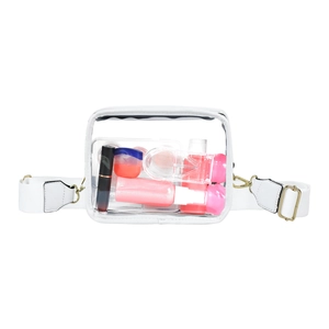 Clear PVC crossbody bag with white trim and adjustable strap for sports and concerts