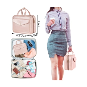 Pink leather travel makeup bag with handle and front pocket shown in multiple angles